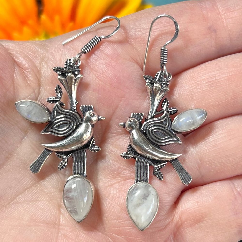 Rainbow Moonstone Earrings Long Handmade Gemstone Crystal 925 Silver Bohemian - Picture 5 of 9